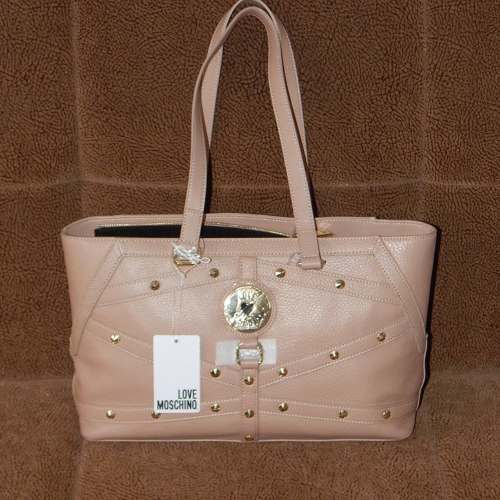 NWT LOVE MOSCHINO Pebbled Leather Top Zipper LARGE Satchel Shoulder Bag in Taupe